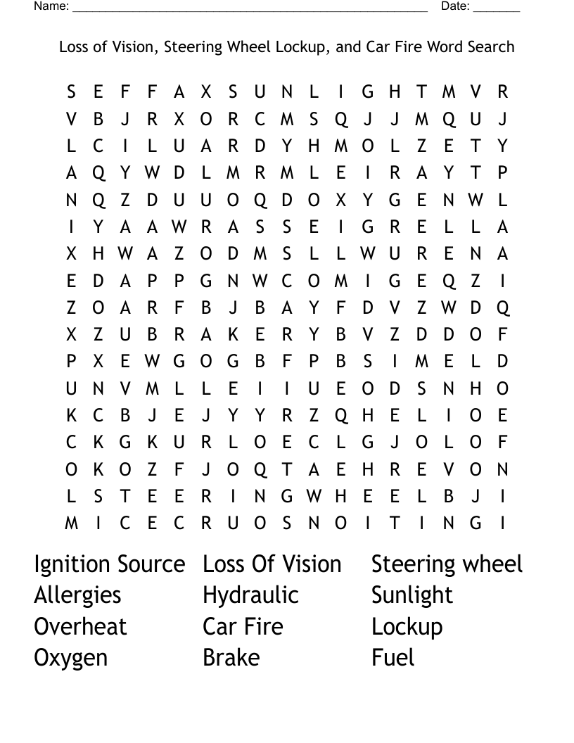 Loss of Vision, Steering Wheel Lockup, and Car Fire Word Search