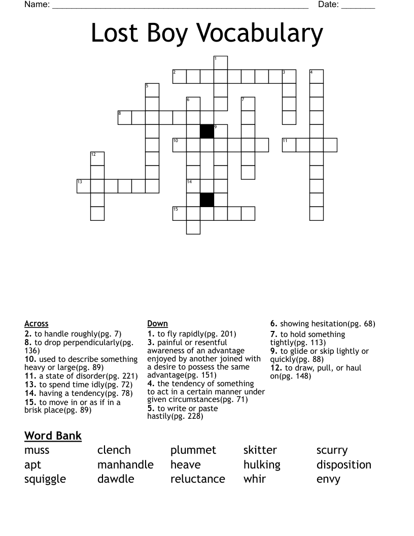 Lost Boy Vocabulary Crossword