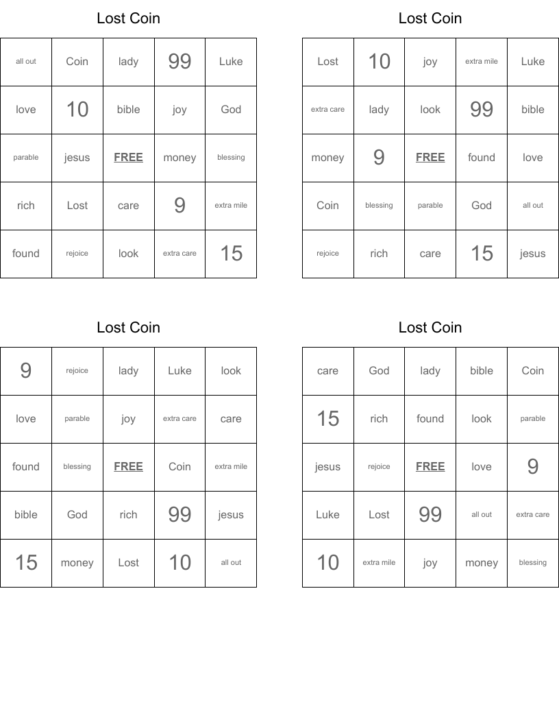 Lost Coin Bingo Cards