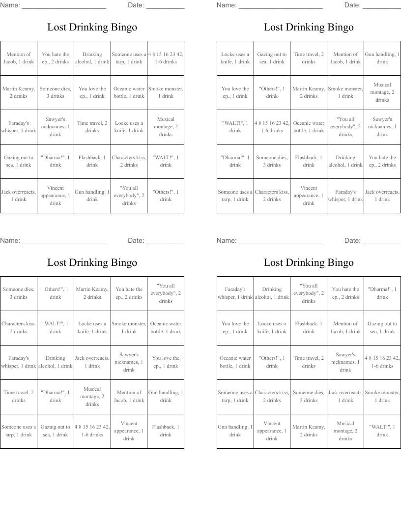 Lost Drinking Bingo