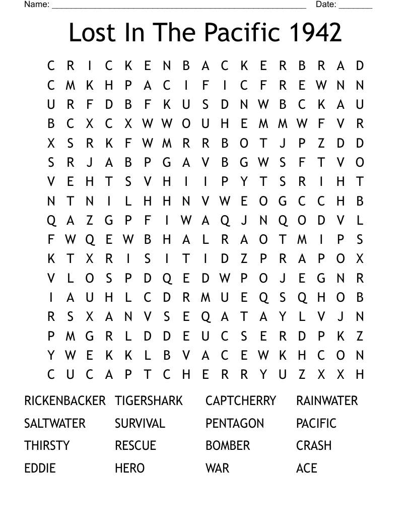 Lost In The Pacific 1942 Word Search