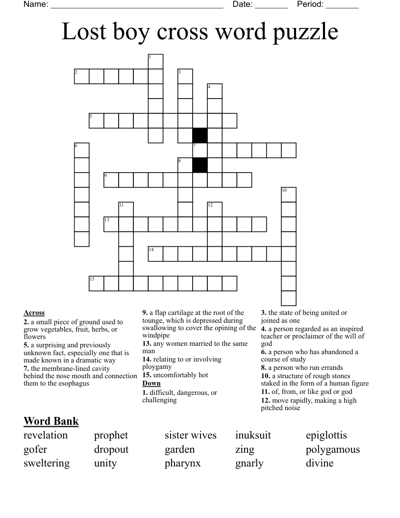 Lost boy cross word puzzle 