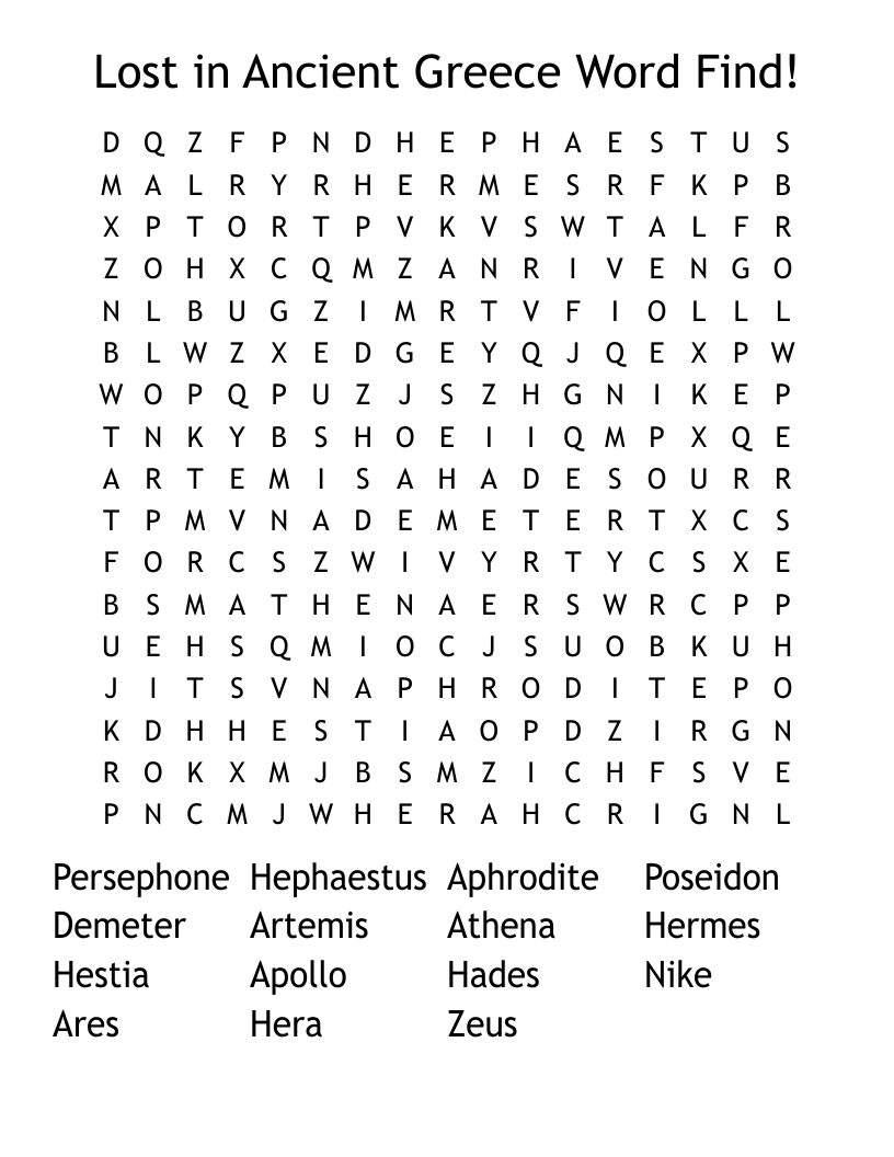 Lost in Ancient Greece Word Find! Word Search