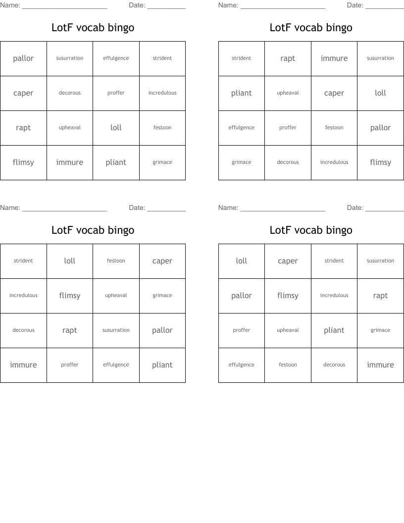 LotF vocab bingo
