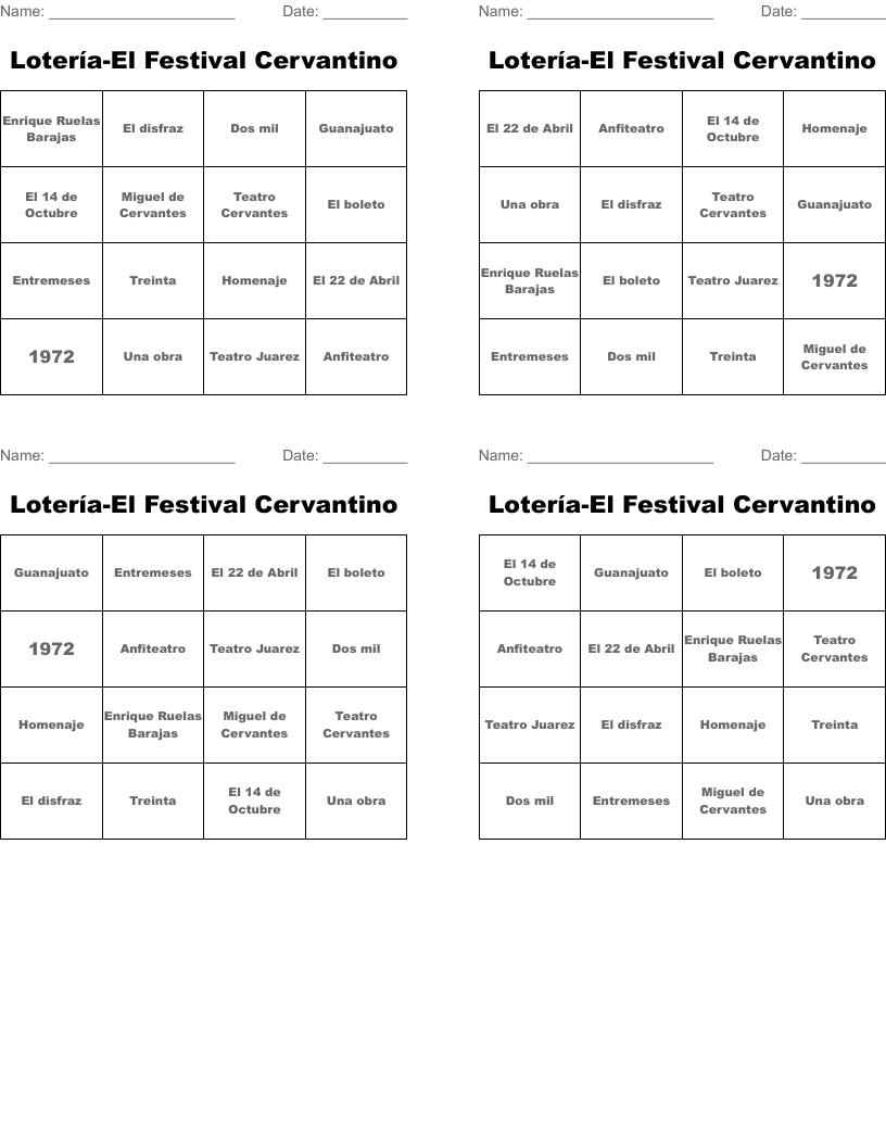 Lotería-El Festival Cervantino Bingo Cards