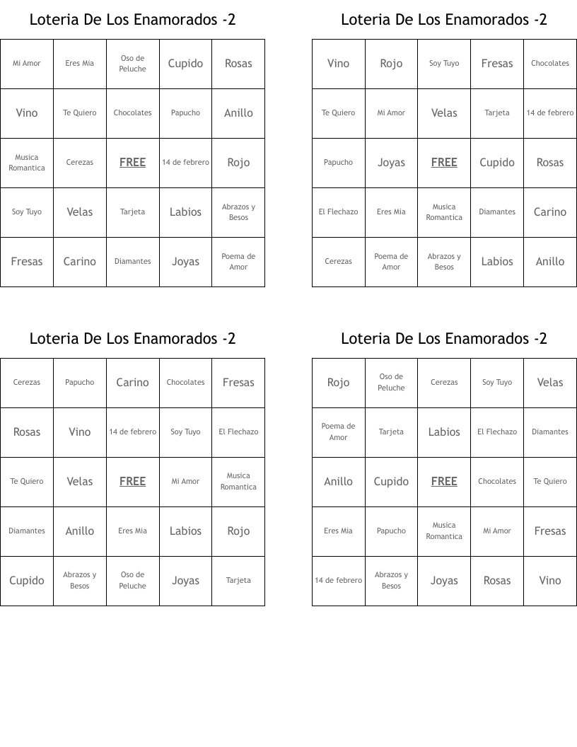 Loteria De Los Enamorados -2 Bingo Cards