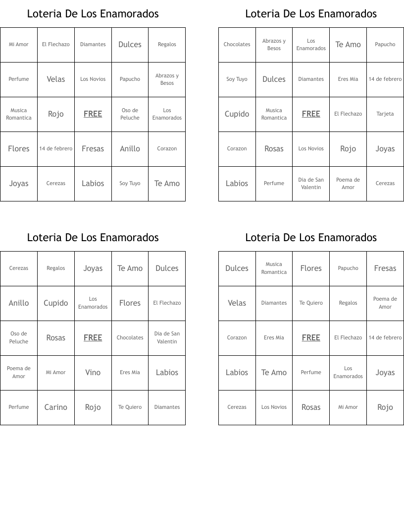 Loteria De Los Enamorados Bingo Cards