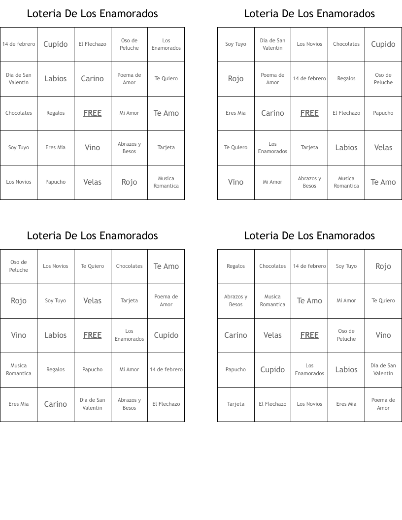 Loteria De Los Enamorados Bingo Cards