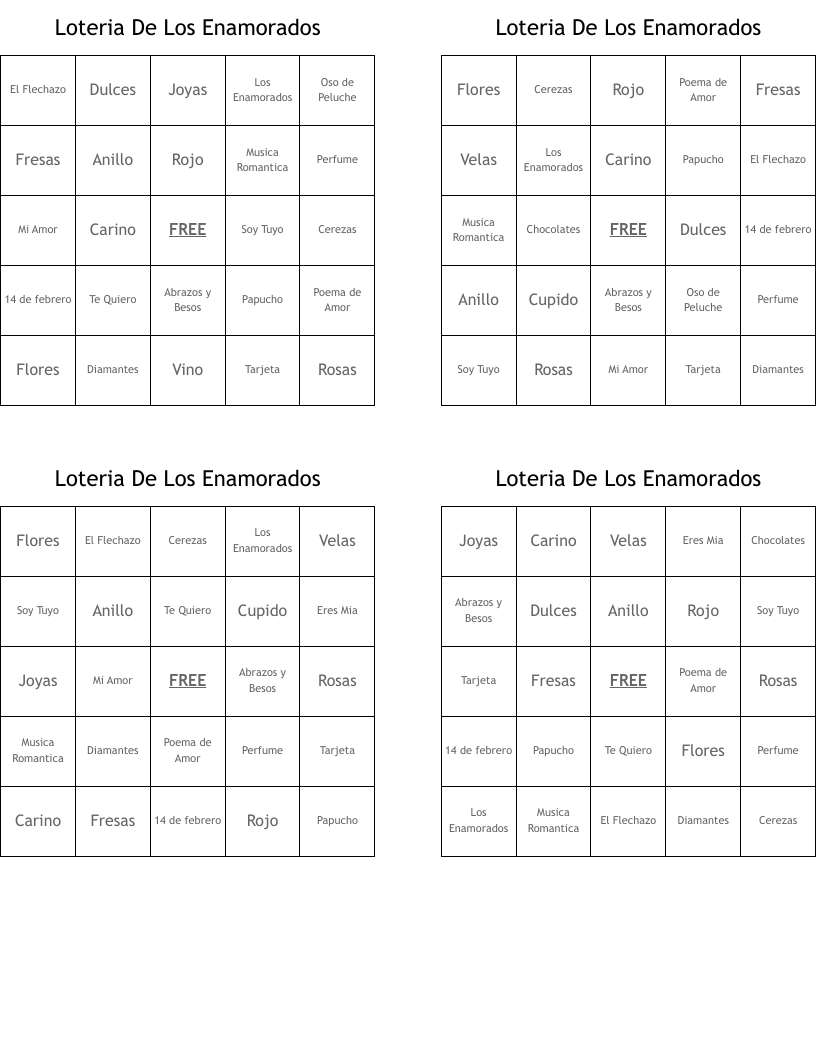 Loteria De Los Enamorados Bingo Cards