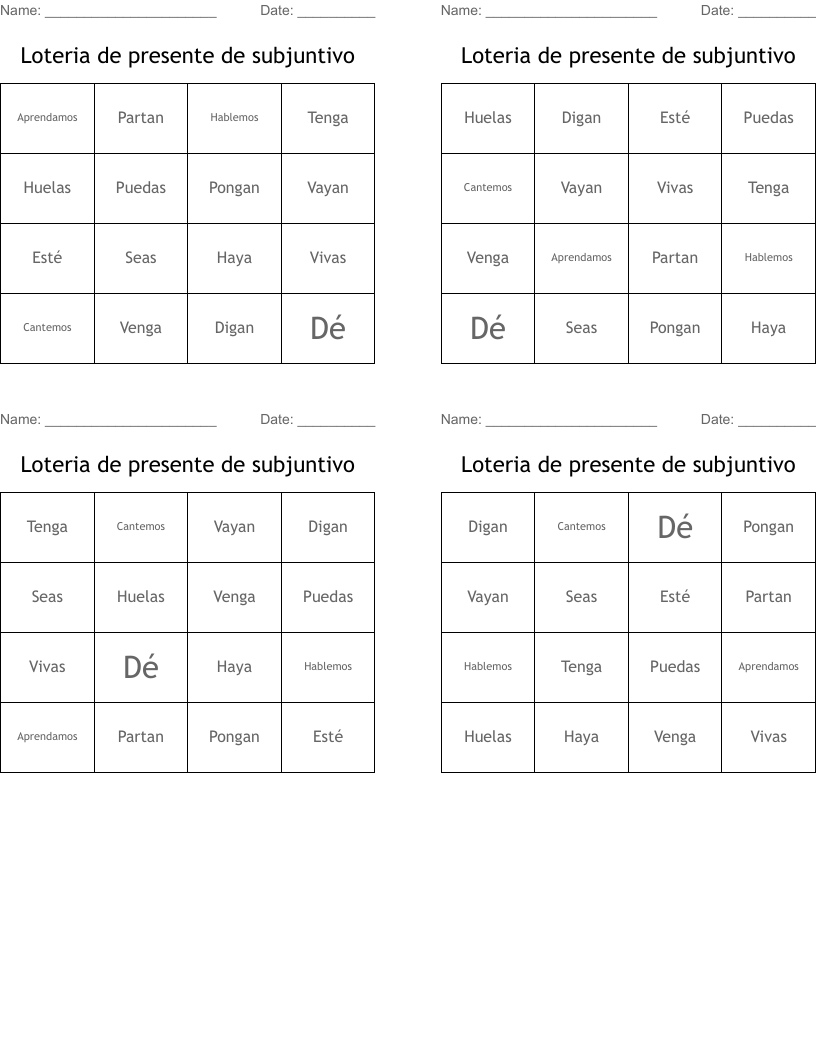 Loteria de presente de subjuntivo Bingo Cards