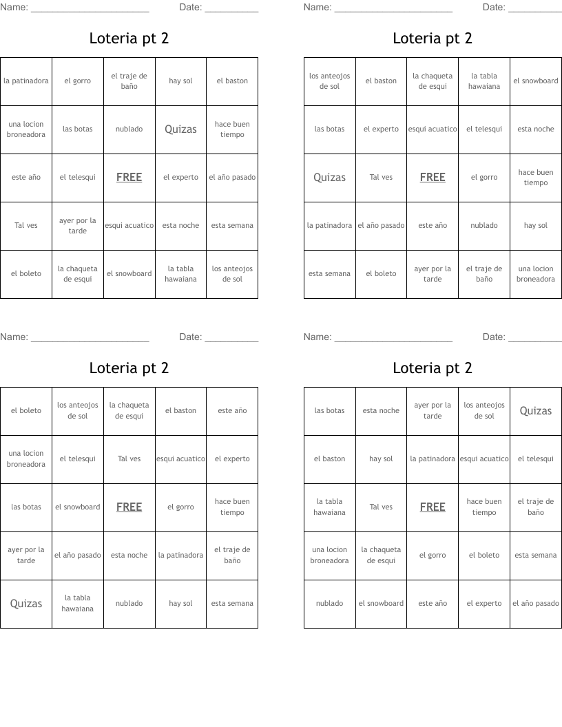 Loteria pt 2  Bingo Cards