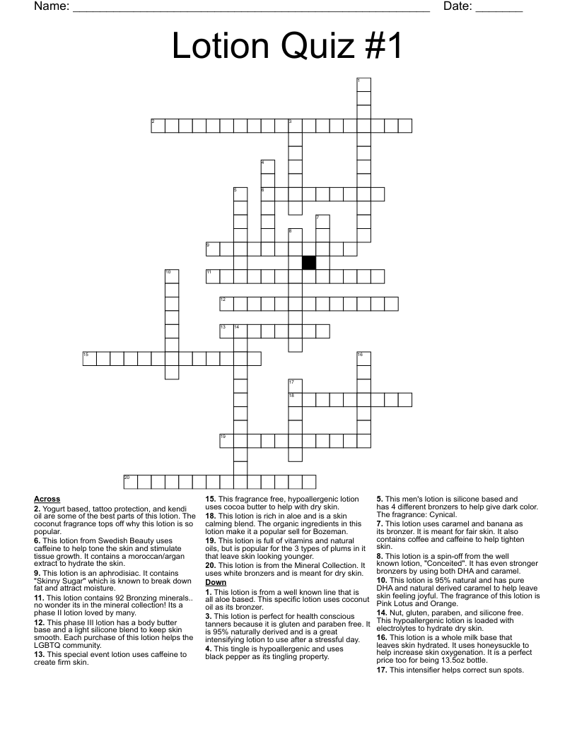 Lotion Quiz #1 Crossword