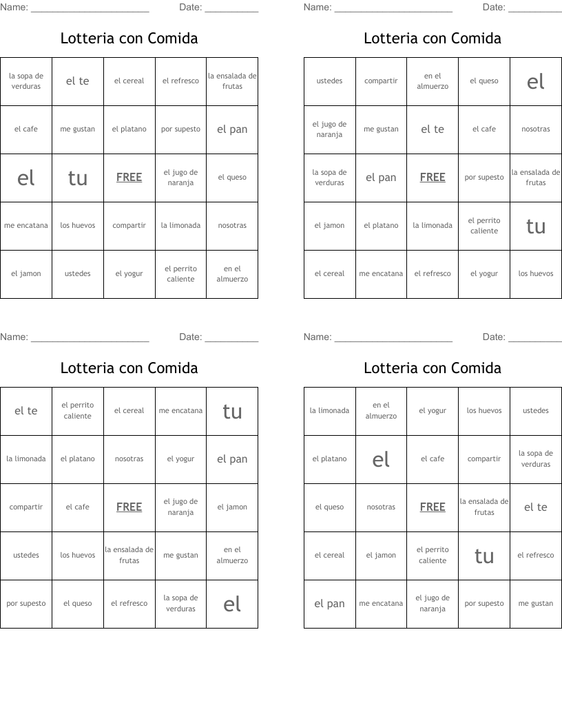 Lotteria con Comida Bingo Cards