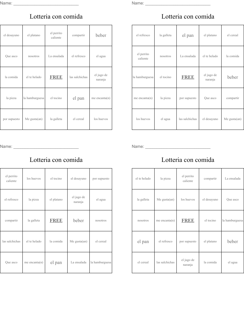 Lotteria con comida Bingo Cards