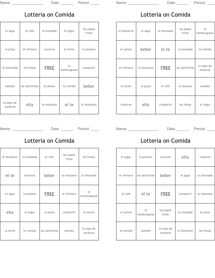 Lotteria on Comida Bingo Cards