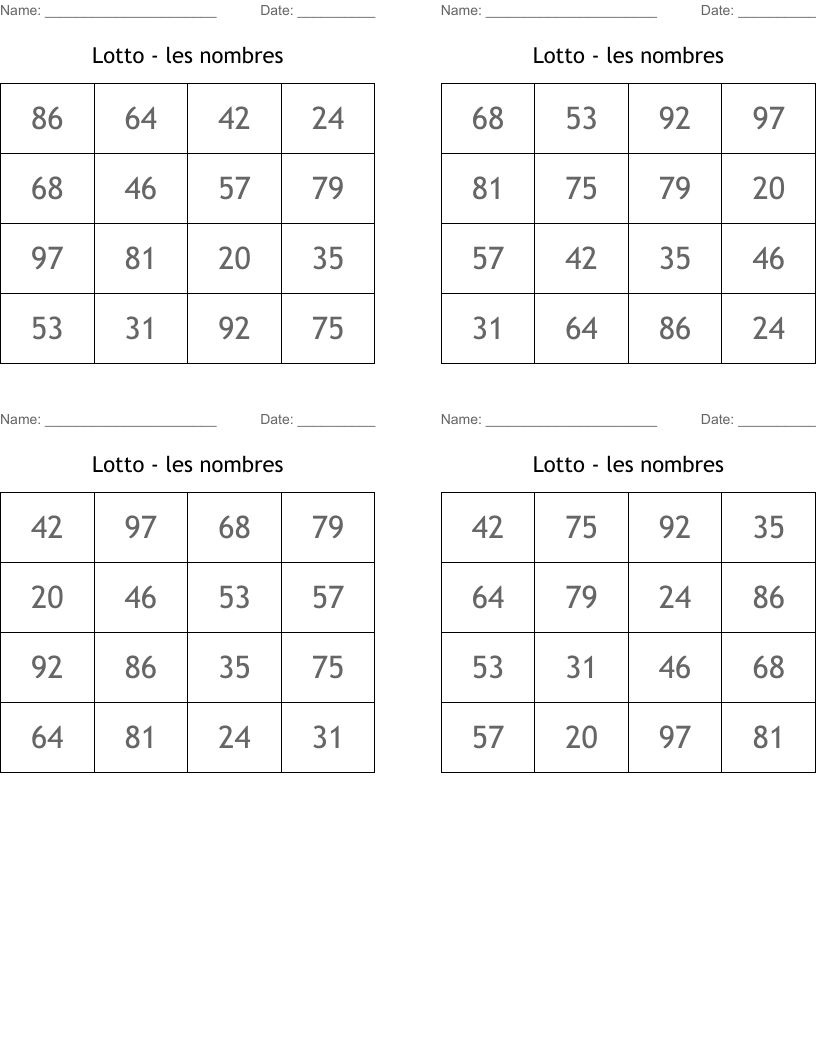 Lotto - les nombres Bingo Cards