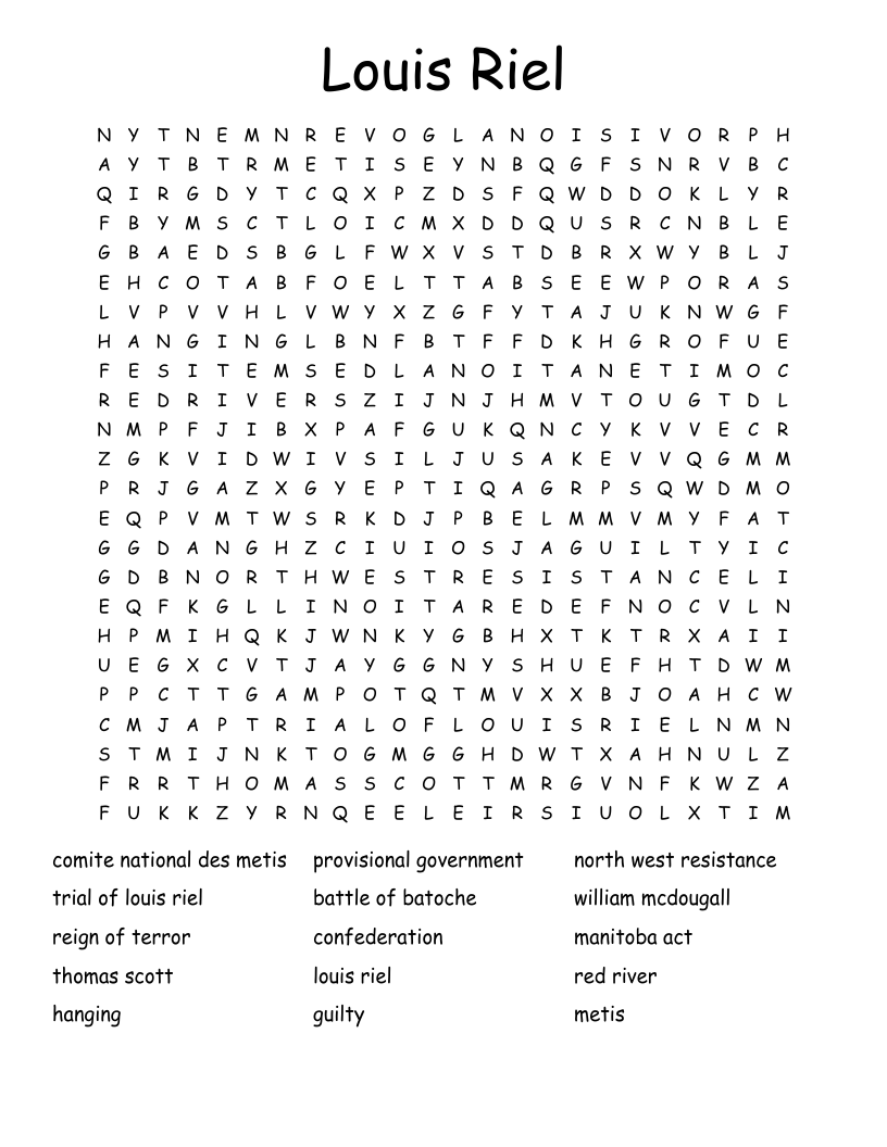 Louis Riel Word Search