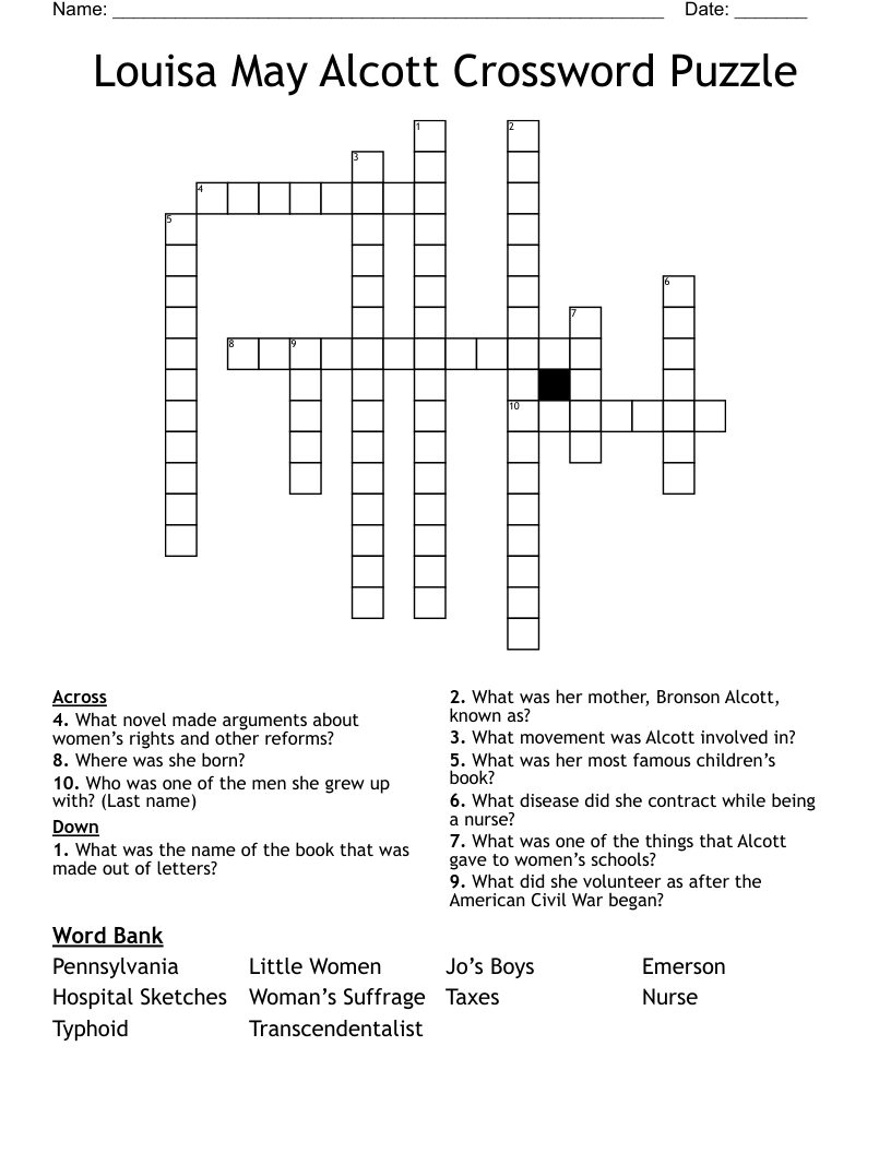 Louisa May Alcott Crossword Puzzle