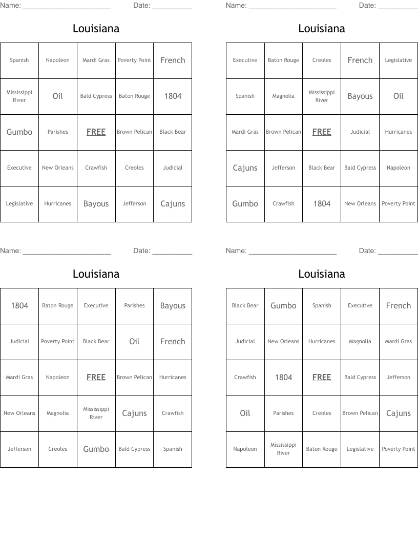 Louisiana Bingo Cards