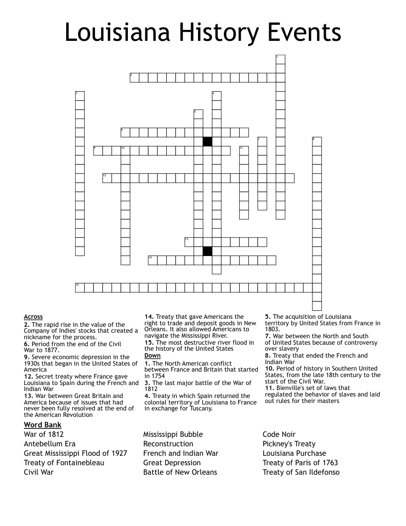 Louisiana History Events Crossword