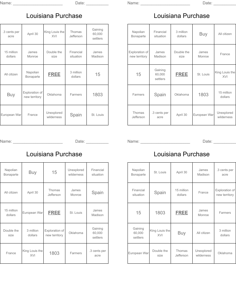 Louisiana Purchase Bingo Cards