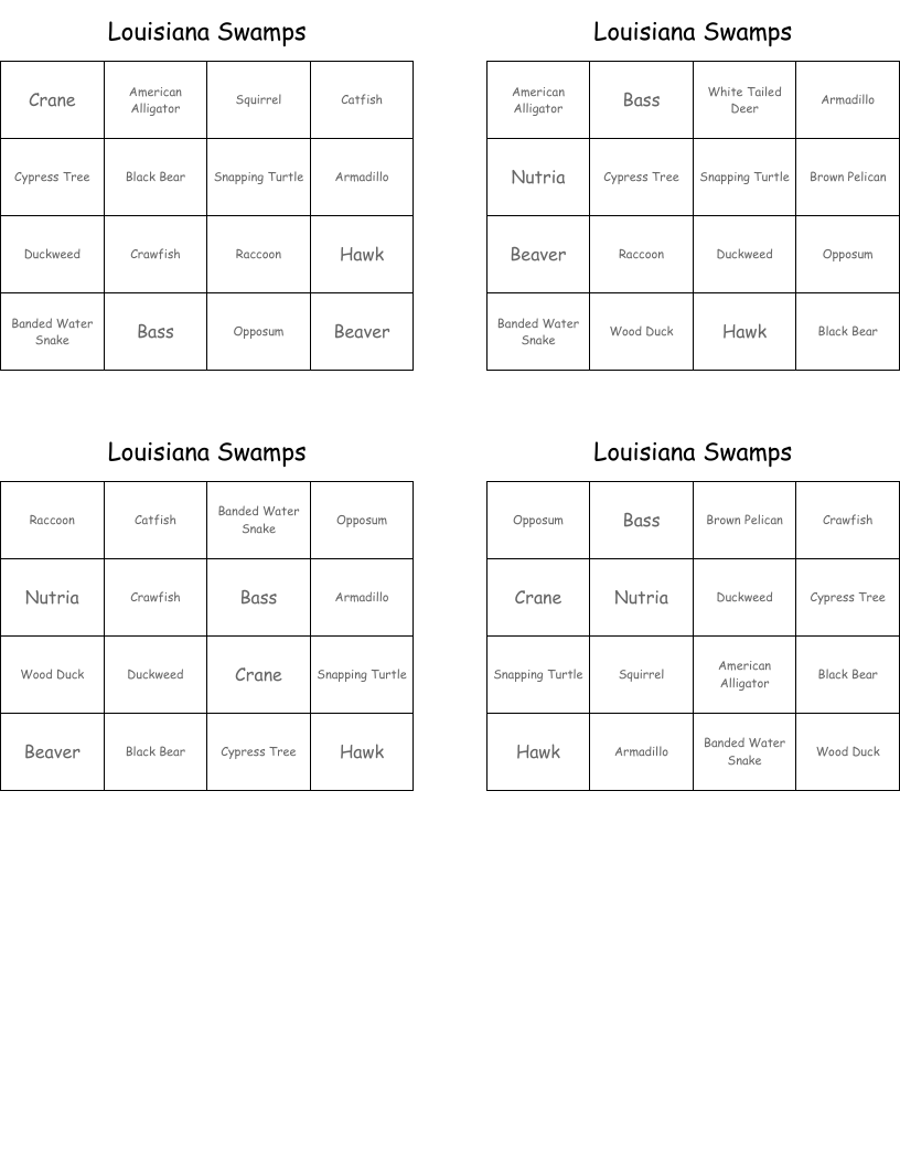 Louisiana Swamps Bingo Cards