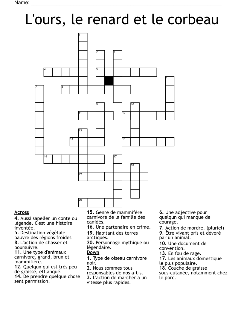 L'ours, le renard et le corbeau Crossword