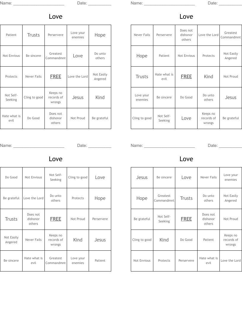 Love Bingo Cards