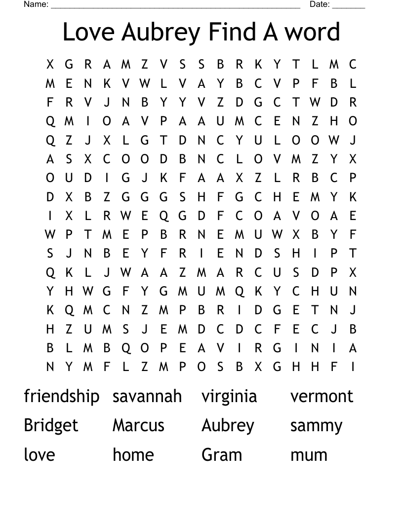 Love Aubrey Find A word Word Search