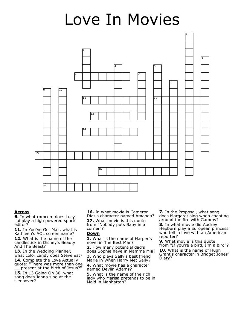 Love In Movies  Crossword