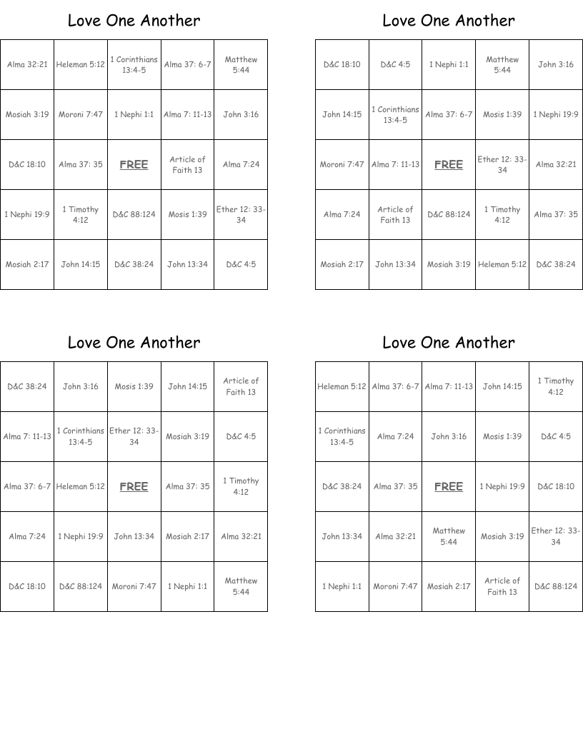 Love One Another Bingo Cards