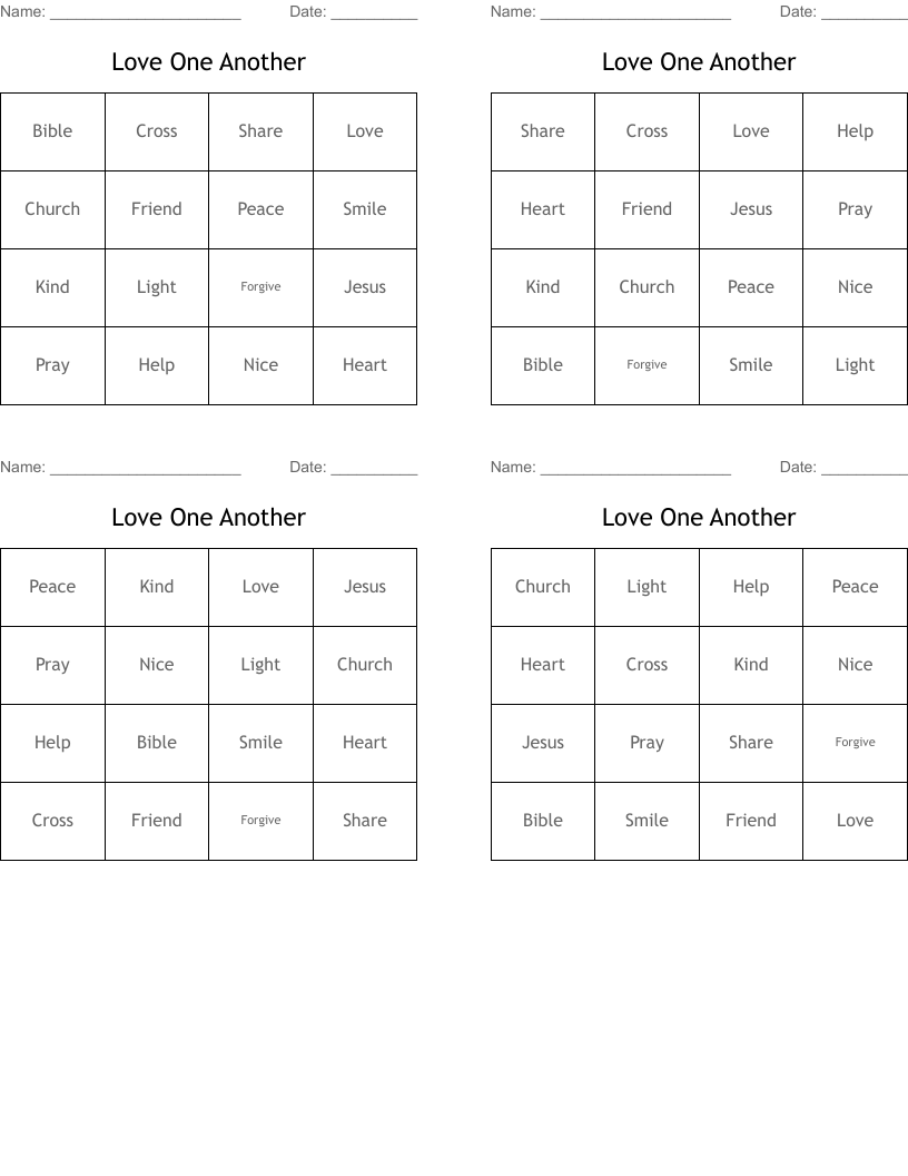 Love One Another Bingo Cards