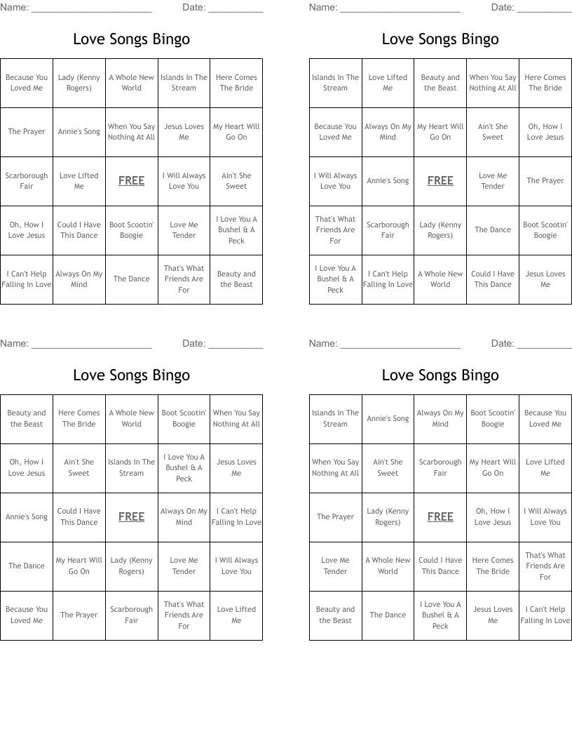 Love Songs Bingo
