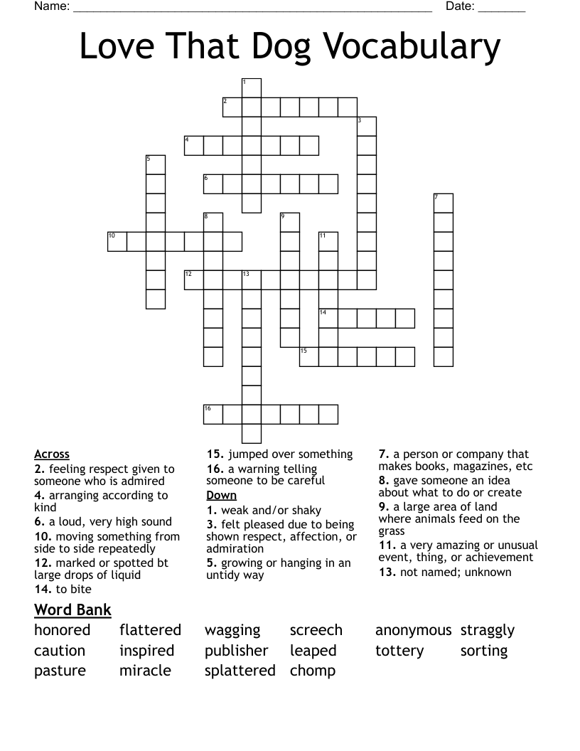 Love That Dog Vocabulary Crossword