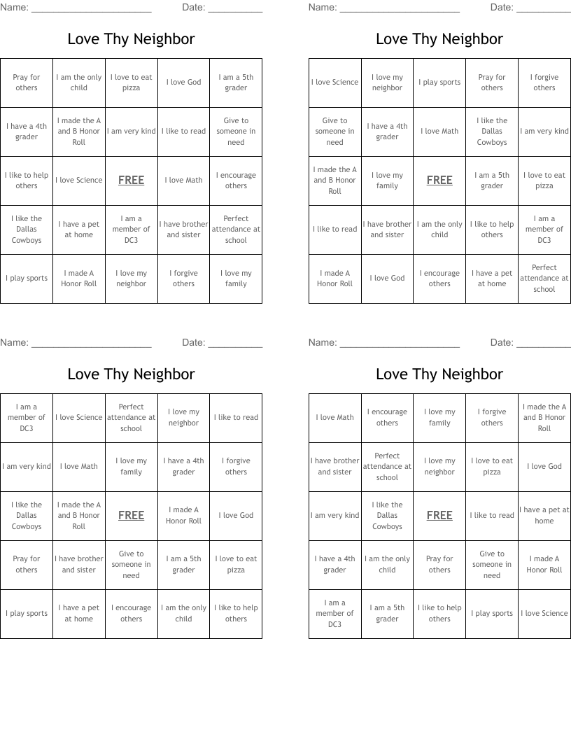 Love Thy Neighbor Bingo Cards