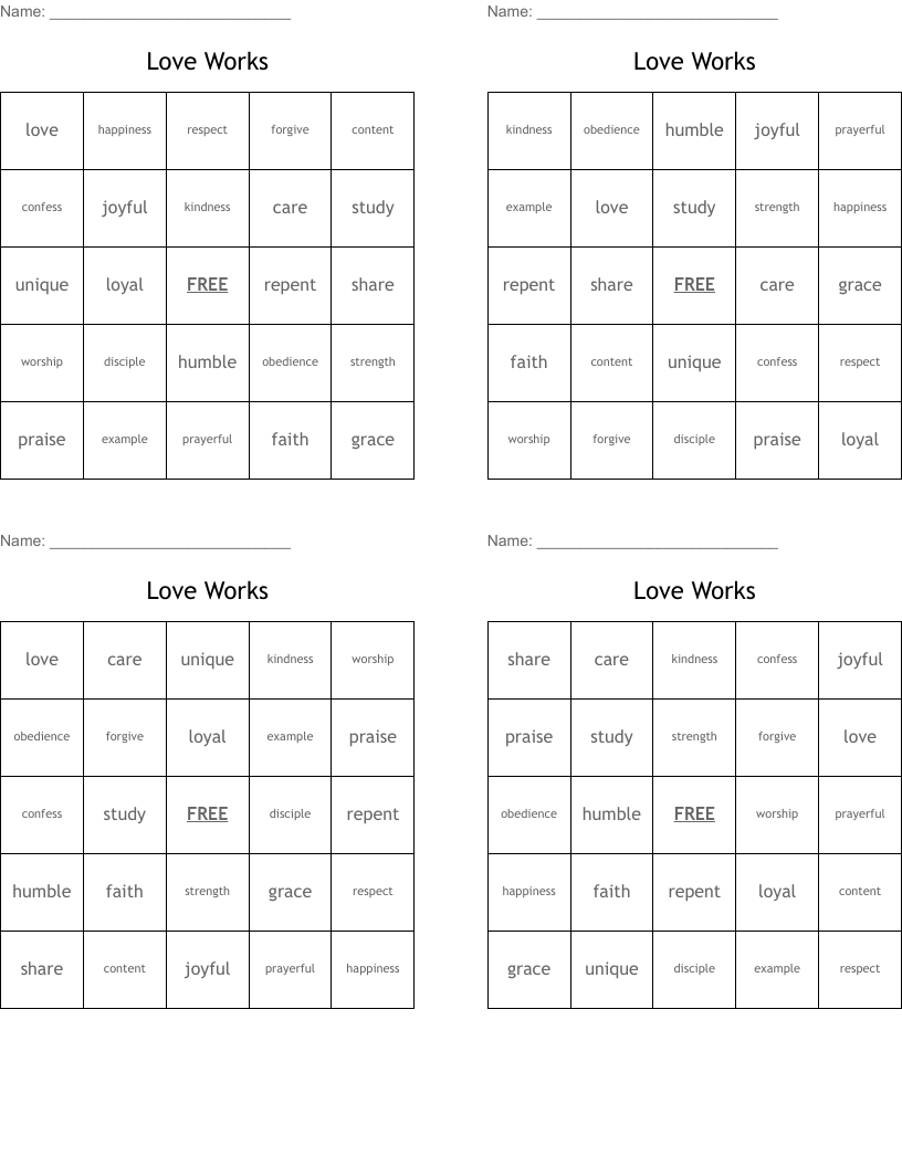 Love Works Bingo Cards
