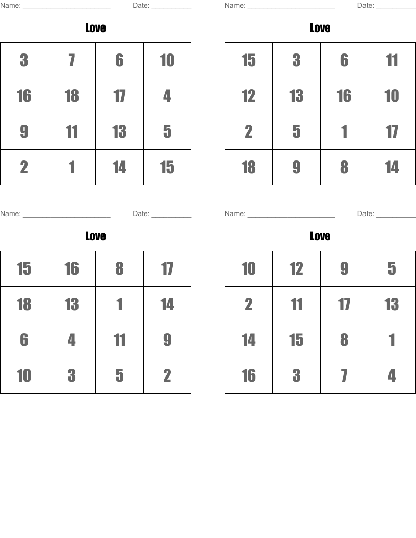 Love  Bingo Cards
