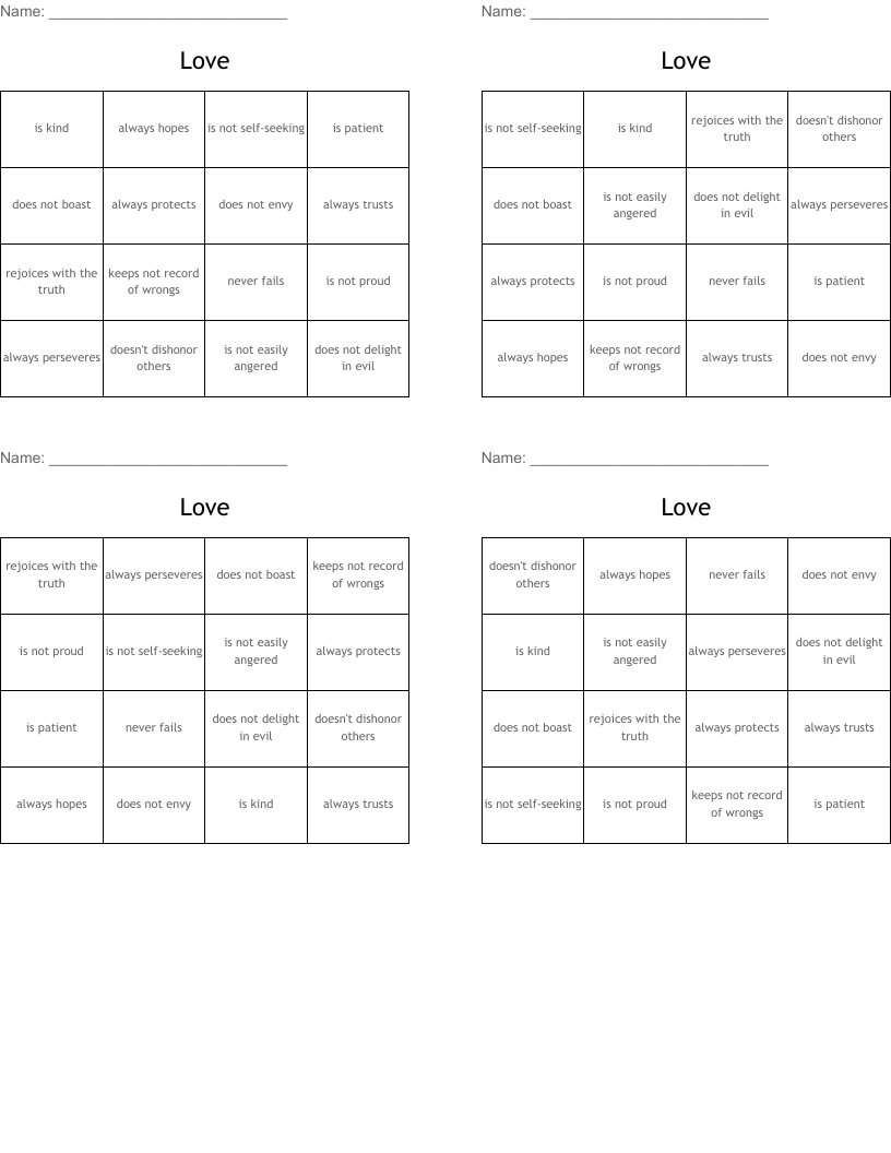 Love  Bingo Cards