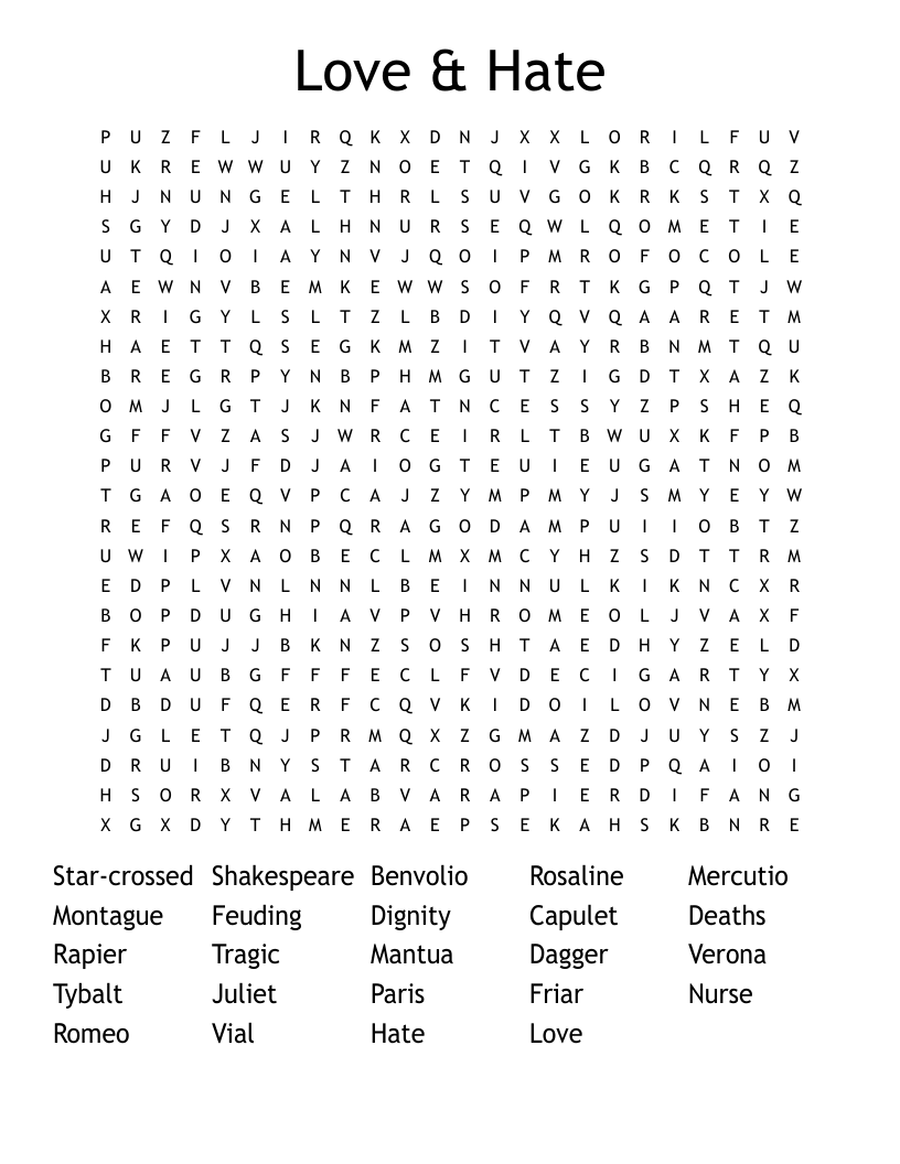 Love & Hate Word Search