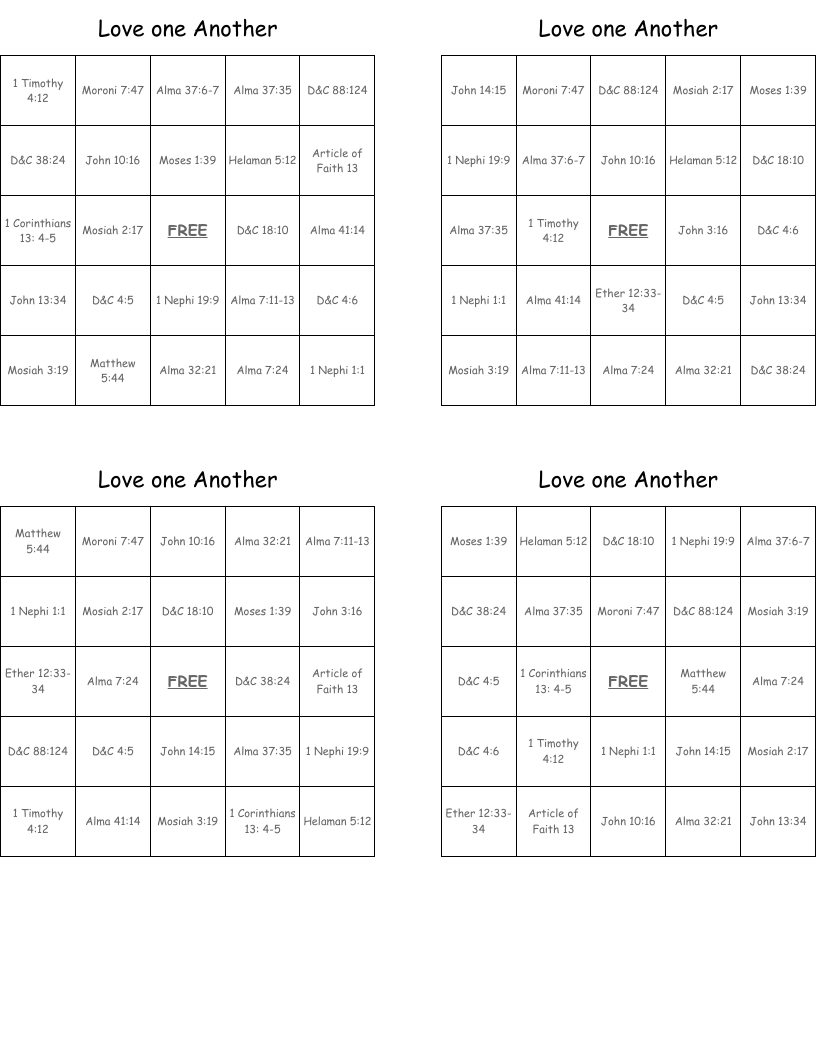 Love one Another  Bingo Cards