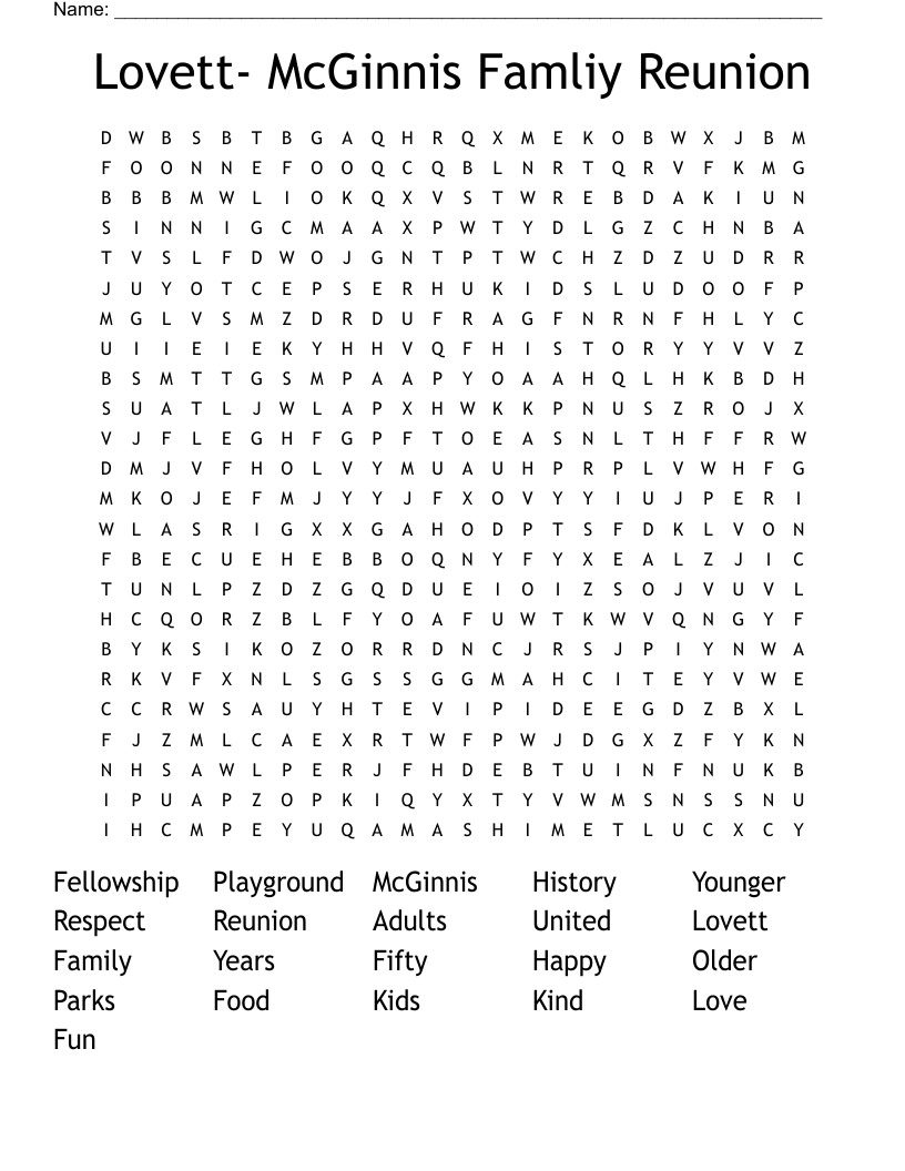 Lovett- McGinnis Famliy Reunion Word Search