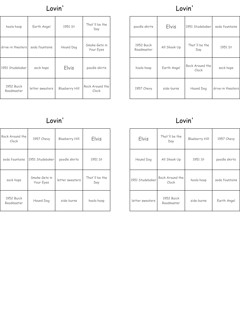 Lovin' Bingo Cards
