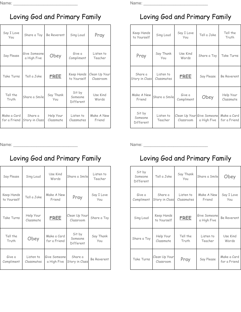 Loving God and Primary Family Bingo Cards