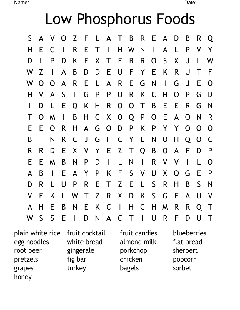 Low Phosphorus Foods Word Search