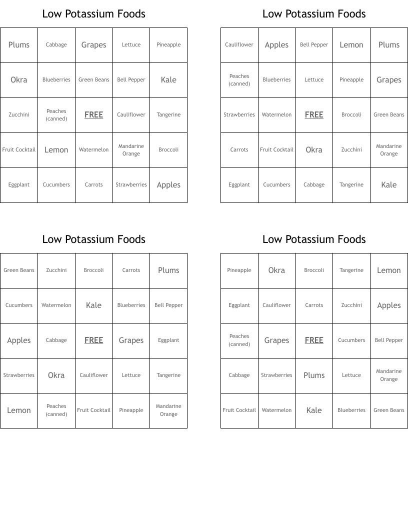 Low Potassium Foods  Bingo Cards