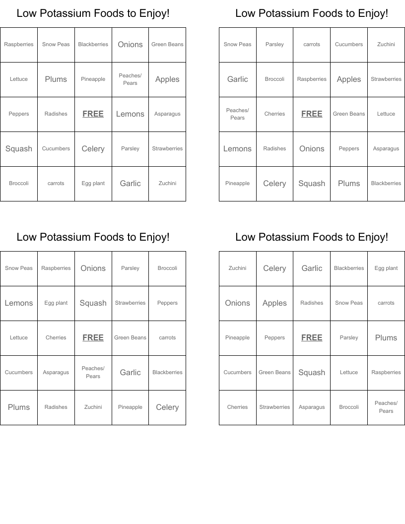 Low Potassium Foods to Enjoy! Bingo Cards