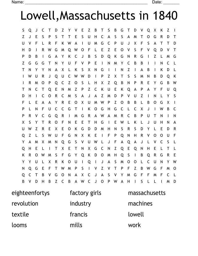 Lowell,Massachusetts in 1840 Word Search