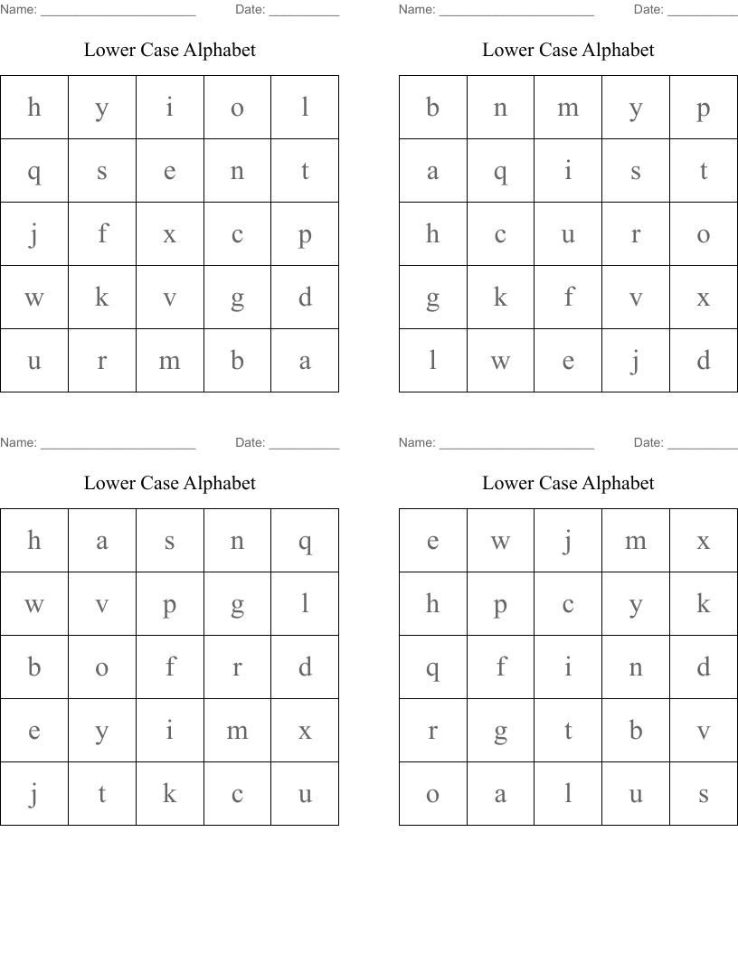 Lower Case Alphabet Bingo Cards