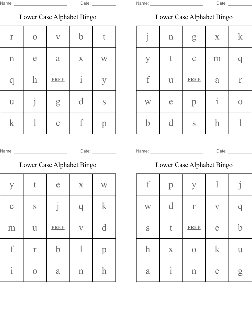 Lower Case Alphabet Bingo