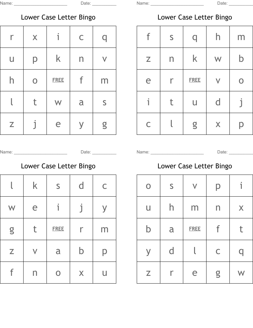 Lower Case Letter Bingo
